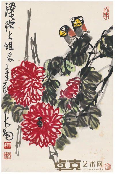 陈大羽 红菊双鸟图 67×43.5cm