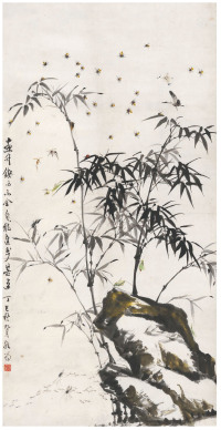 潘然　竹石蜂蝶图