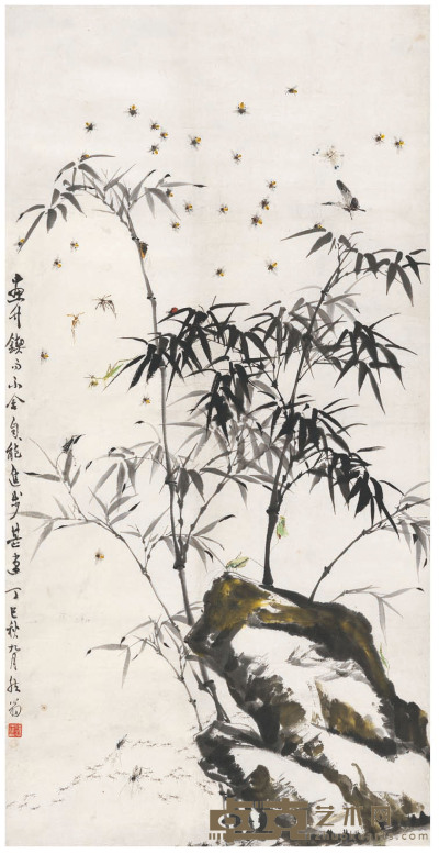 潘然　竹石蜂蝶图 127.5×64cm