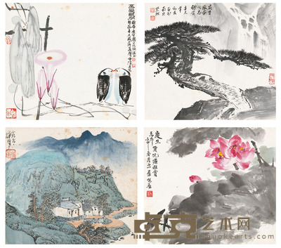 魏紫熙 薛亮 叶矩吾 华拓 山水 花鸟 27×24cm×4
