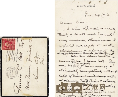 马克·吐温 亲笔信 19.5×15.5cm