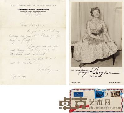 英格丽·褒曼 签名照及亲笔信 