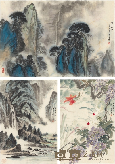 丘陶峰 张守成 山水 花卉 69×46cm×3