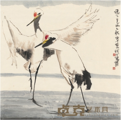 钱行健 双鹤图 68.5×68.5cm