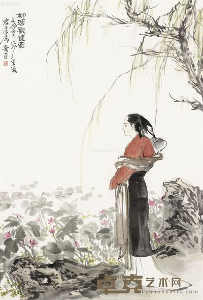 萧平 柳荫观莲图 68×46cm