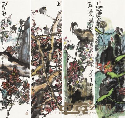 叶烂 花鸟四屏 136×34cm×4