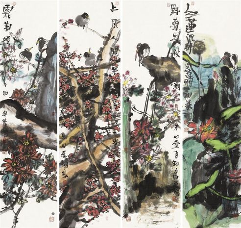叶烂 花鸟四屏