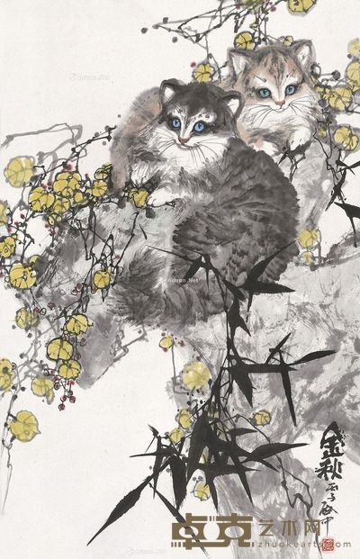 伍启中 双猫 75.5×48.5cm