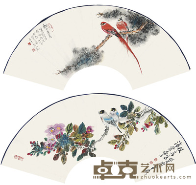 李赞周 花鸟扇面 59×19cm×2