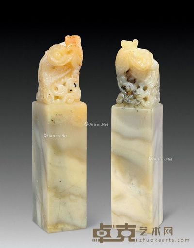 八十年代 高山冻凤戏牡丹对章 1.9×1.9×8.5cm×2