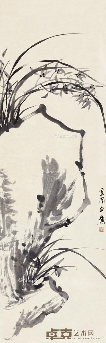 白蕉 兰石双清 102×31cm