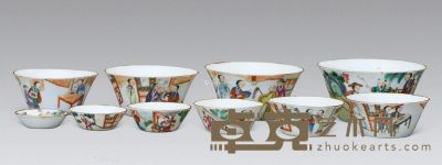 粉彩人物画十件套茶碗 最大口径11.5cm；最大高5.5cm