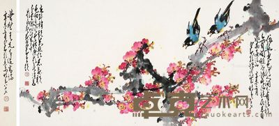 赵少昂 红花双鸟 画心47×97cm；书法47×6cm