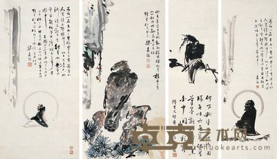 梁鼎铭 花鸟 人物 66×34cm×2；79×27cm；26×17cm