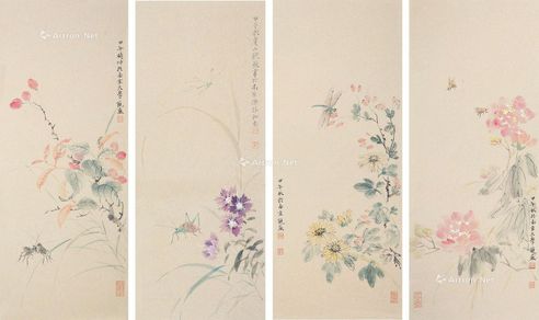 饶薇 花鸟四屏