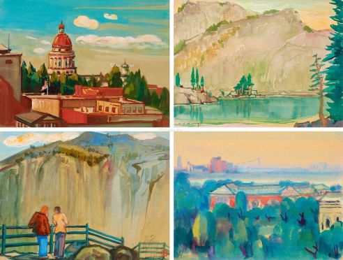 王济远 1942年作、1942年作、1955年作 有教堂的风景 山中湖景 观瀑 桥景远眺 （一组四件） 纸本 水彩