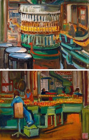 王济远 1958年作 染坊 工厂 （一组两件） 布面 油画