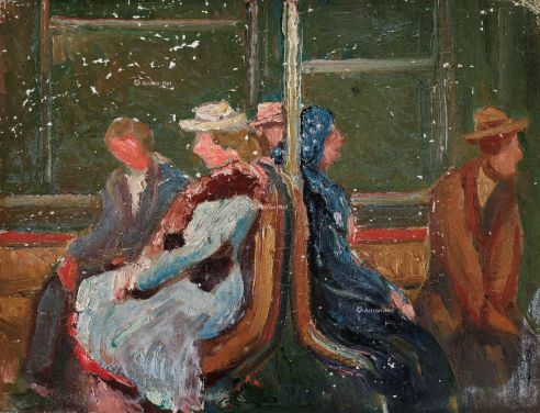 王济远 1944年作 车厢上 布面 油画