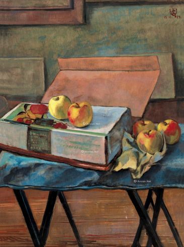 王济远 1954年作 纸盒上的苹果 纸板 油画