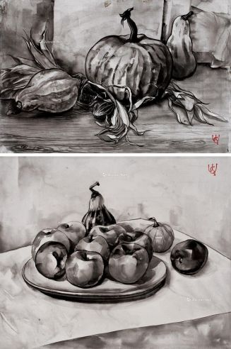 王济远 蔬果写生 （一组两件） 布面 油画