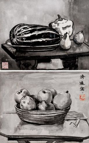 王济远 盘中蔬果 （一组两件） 布面 油画