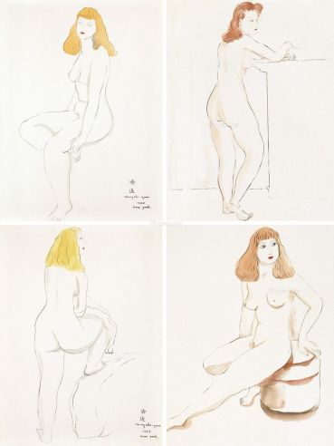 王济远 1944年作、1944年作 线描女人体 （一组四件） 纸本 水彩