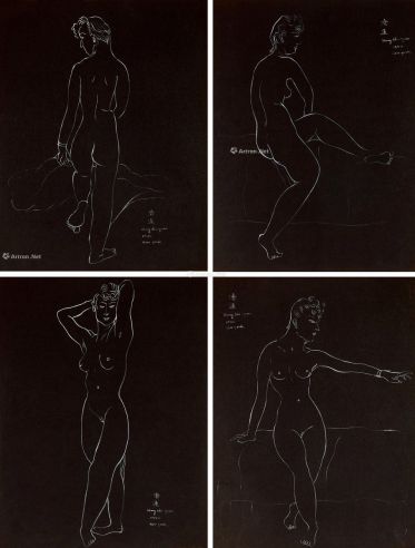 王济远 1944年作 线描女人体 （一组四件） 纸本 油画