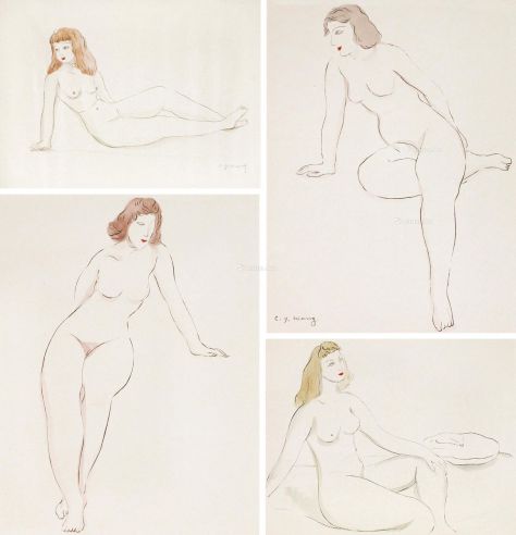 王济远 1949年作、 1955年作、1957年作、1955年作  金发女人体 （一组四件） 纸本 水彩