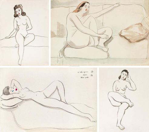 王济远 1944年作 女人体 （一组四件） 纸本 水彩