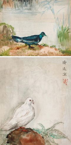 王济远 1944年作 鸽石图 （一组两件） 布面 油画