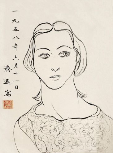王济远 1958年作 线描女子像 布面 油画