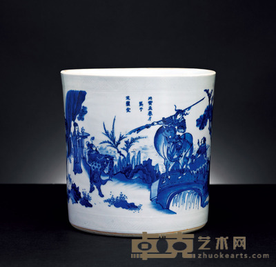 明天启 青花关云长千里走单骑故事纹笔筒 高20.7cm