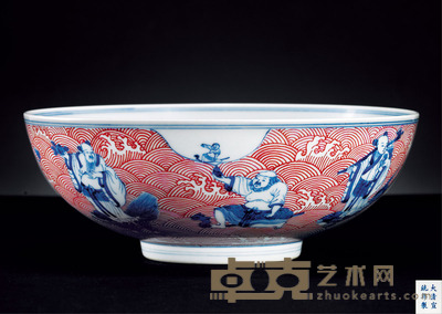 清宣统 青花红彩海水八仙碗 直径22.1cm