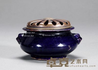 清康熙 茄皮紫釉兽耳炉 长11.2cm