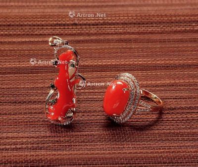 红珊瑚镶18k金钻戒指、吊坠 （二件）