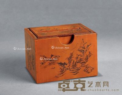 民国 竹簧雕山水纹小盒 长10.3cm