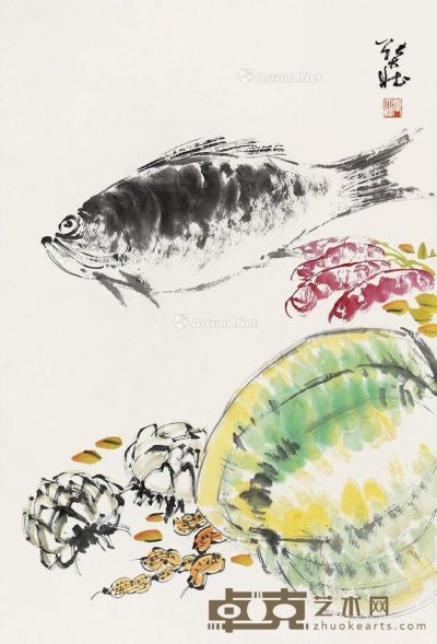鱼蔬图 立轴 设色纸本 66×45cm