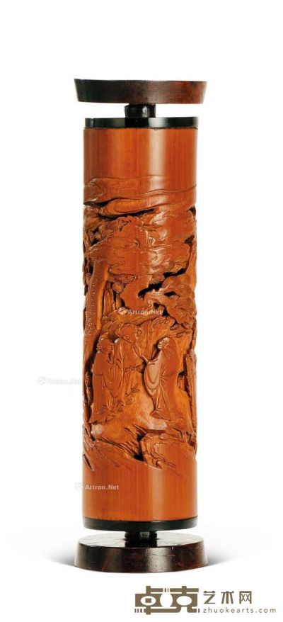 清 竹雕镂空松下访友图香筒 高23.5cm；直径5.5cm