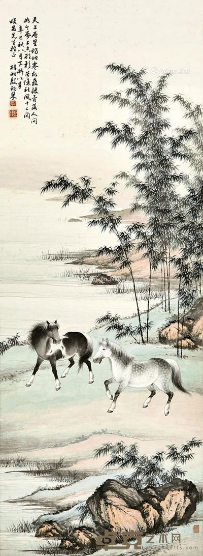 殷梓湘 双骏图 118.5×43.5cm