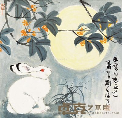 刘旦宅 玉兔桂月图 41×41cm