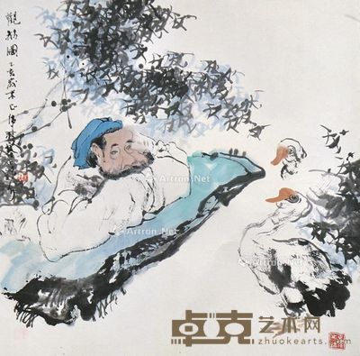 胡正伟 观鹅 镜片 设色纸本 67×67cm