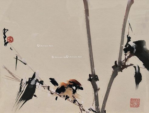 赵少昂 花鸟 镜框 设色纸本