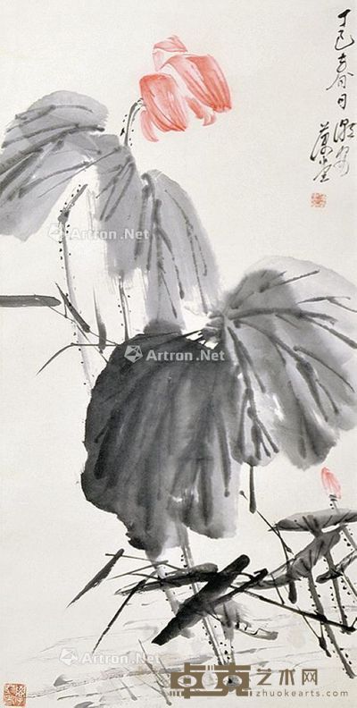 李开麟 荷花 镜片 设色纸本 35×60cm