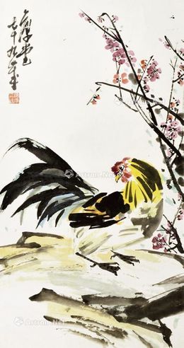 李开麟 公鸡 镜片 设色纸本