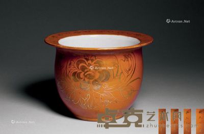 珊瑚红地描金花卉诗文圆花盆 高11.5cm;直径15.5cm
