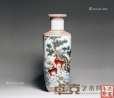 民国 粉彩双鹿纹棒槌瓶 高38.7cm