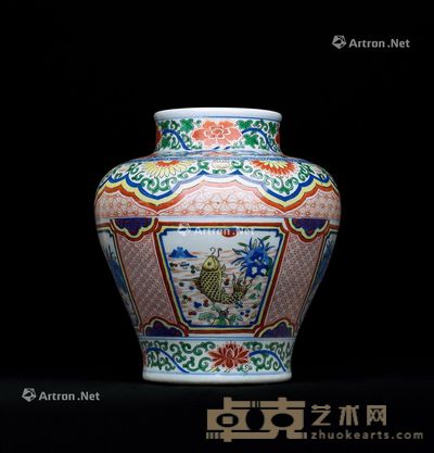 清代 五彩鱼藻纹将军罐 高29.5cm