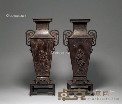清代 铜人物花卉纹双耳瓶 (一对) 高44.5cm