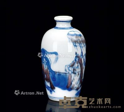 清 青花釉里红三顾茅庐鼻烟壶 高7.6cm
