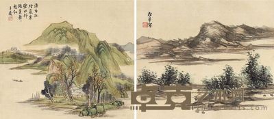 杜焕文 子乔 孤舟垂钓 江天辽阔 25×29cm×2